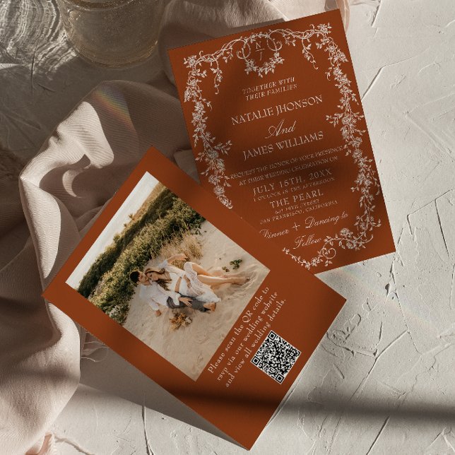 Invitation Code QR photo orange brûlé floral Mariage bohème (Créateur téléchargé)