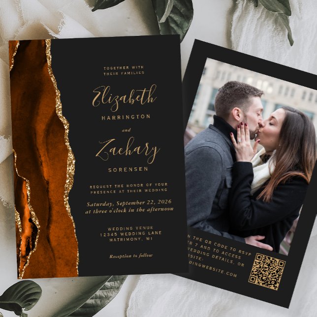 Invitation Code QR photo sombre Agate Or vert Brûlé Mariage (Créateur téléchargé)