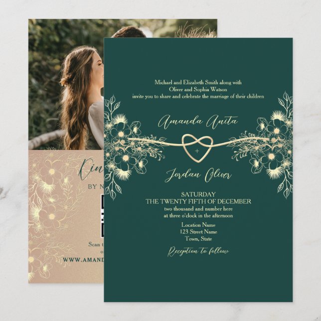 Invitation Code QR Photo Vert Émeraude Mariage Or (Devant / Derrière)