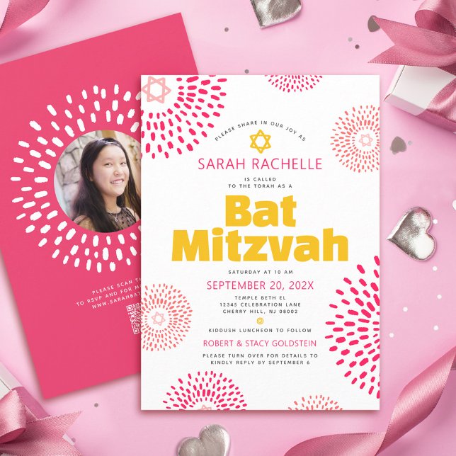 Invitation Code QR Pink Bat Mitzvah Photo Starburst Gras Pop (Créateur téléchargé)