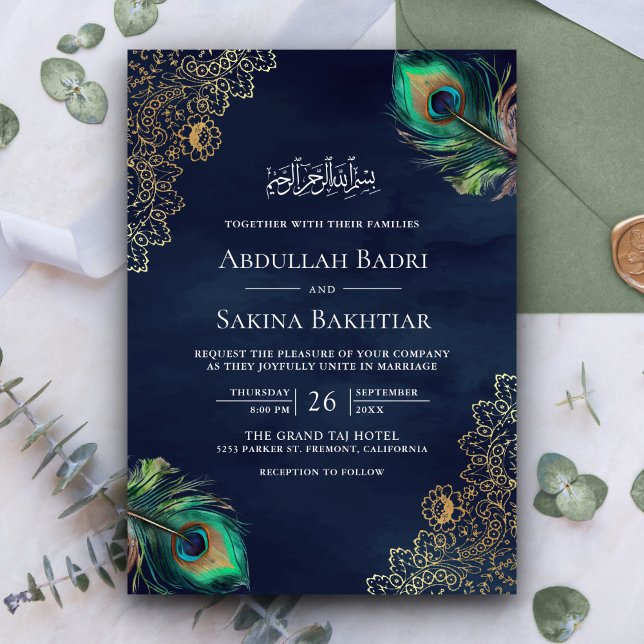 Invitation Code QR Plumes de Paon Bleu Marine Mariage Musulma (Créateur téléchargé)