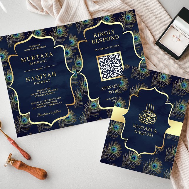 Invitation Code QR Plumes de Paon Bleu Marine Mariage Musulma (Créateur téléchargé)