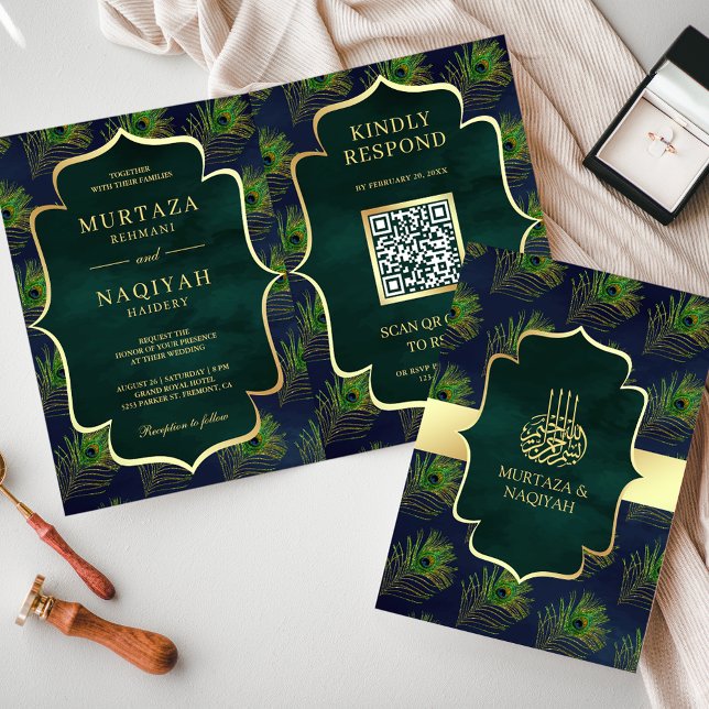 Invitation Code QR Plumes de Paon Bleu Vert Mariage Musulman (Créateur téléchargé)