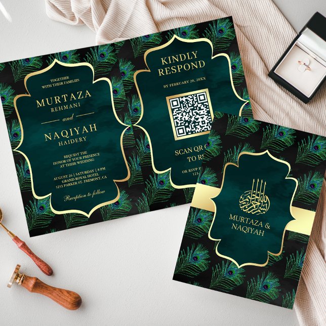 Invitation Code QR Plumes de Paon Noir Sarcelle Mariage Musul (Créateur téléchargé)