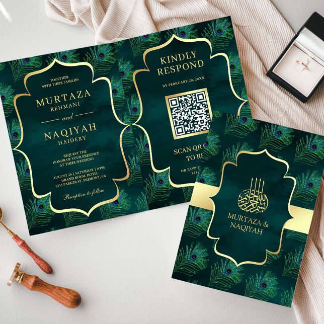 Invitation Code QR Plumes de Paon Sarcelle Foncé Mariage Musu (Créateur téléchargé)