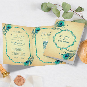 Invitation Code QR Plumes de Paon Sarcelle Mariage Indien