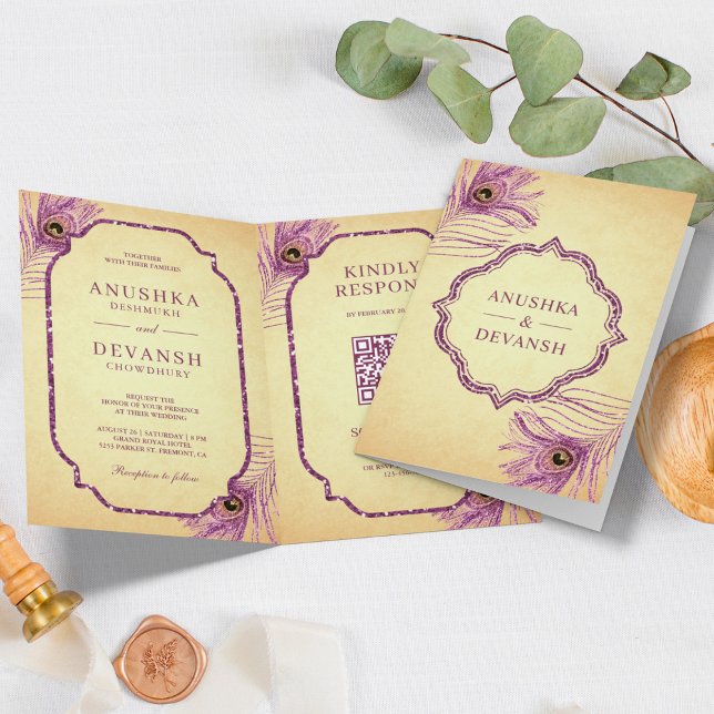 Invitation Code QR Plumes de Paon Violet Mariage Indien (Créateur téléchargé)