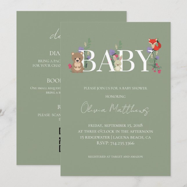 Invitation Code QR pour Baby Shower Bois de Sauge Vert (Devant / Derrière)