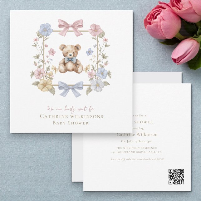 Invitation Code QR pour Baby Shower Ourson Floral Fantaisiste (Créateur téléchargé)