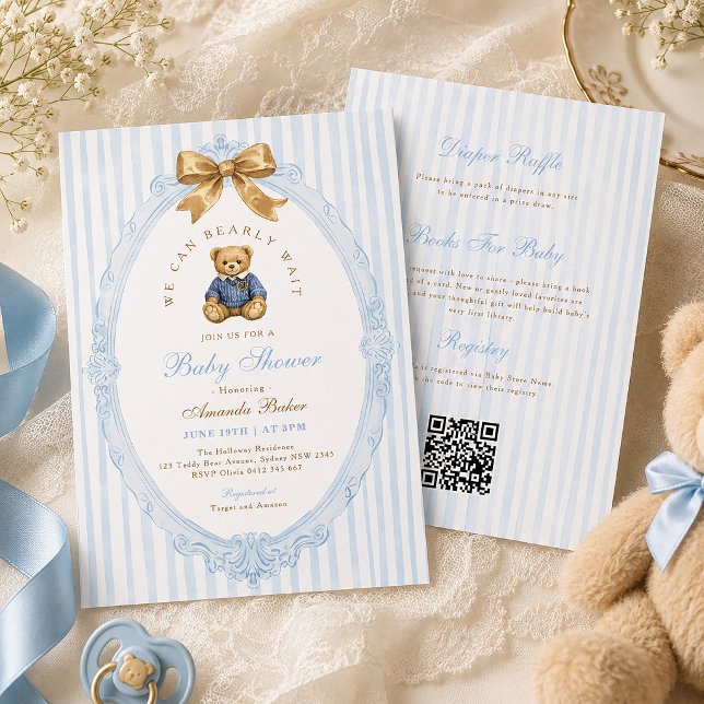 Invitation Code QR pour Baby Shower Ourson Rayures Bleues Vin (Créateur téléchargé)