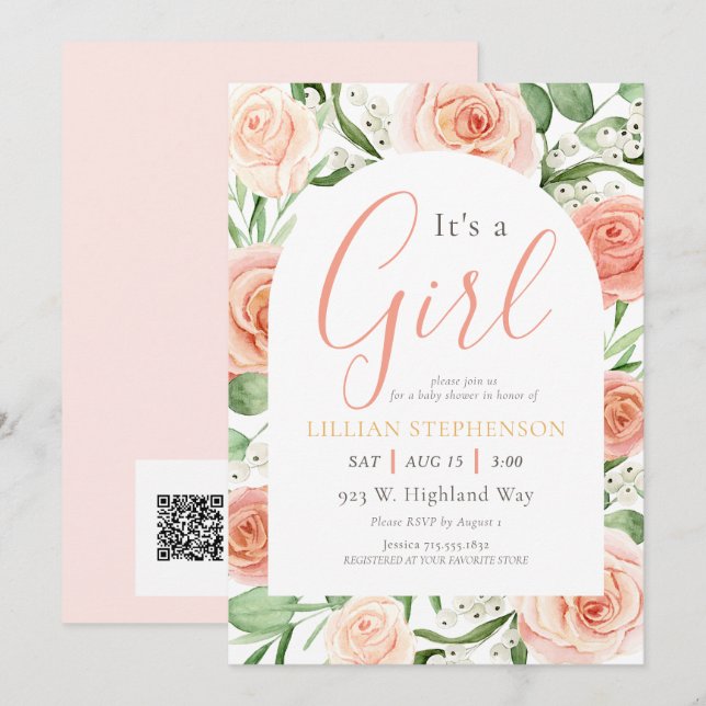 Invitation Code QR pour Baby Shower Rose Florale Fille Rose P (Devant / Derrière)