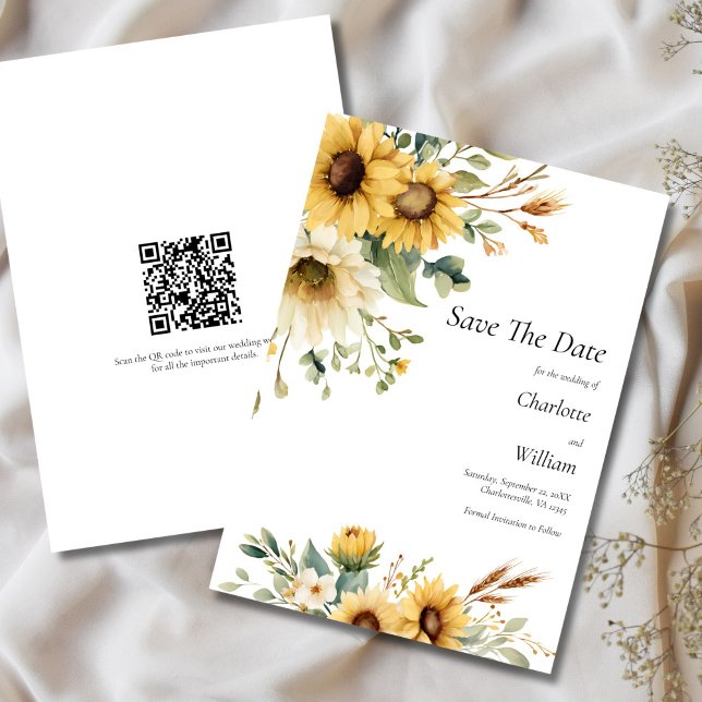 Invitation Code QR pour la date de mariage des tournesols (Sunflowers Rustic Country Farmhouse QR Code Wedding Save the Date Card)