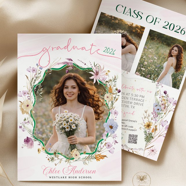Invitation Code QR pour la fête de fin d'études Fleur sauvage (graduation invitation, qr code invite, wildflower invitation, boho graduation, floral invite, gradua)