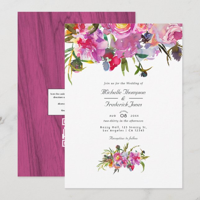 Invitation Code QR pour RSVP de mariage aux pivoines roses ru (Devant / Derrière)