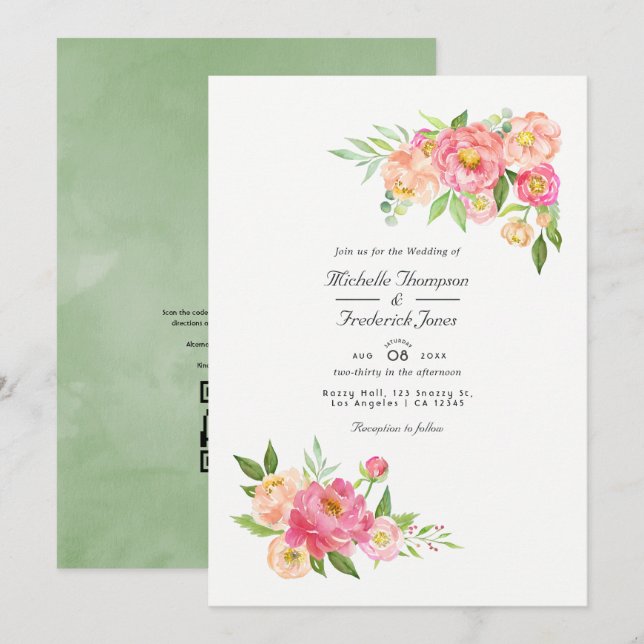 Invitation Code QR pour RSVP Mariage Fleurs de Pivoines Aquar (Devant / Derrière)