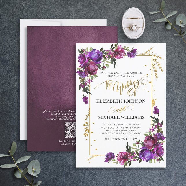 Invitation Code QR Purple Hot Pink Floral Gold Script (Créateur téléchargé)