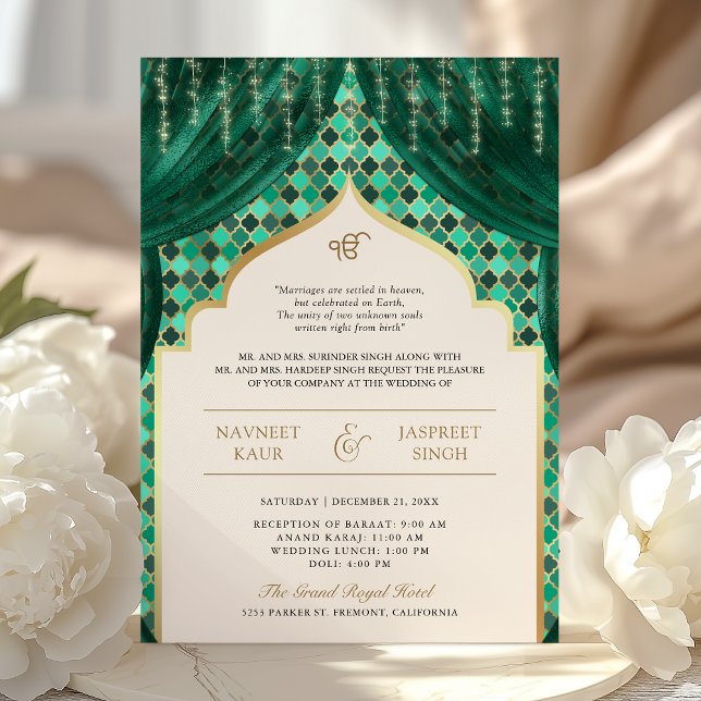 Invitation Code QR Quatrefoil Or Vert Emeraude Mariage Sikh (Créateur téléchargé)