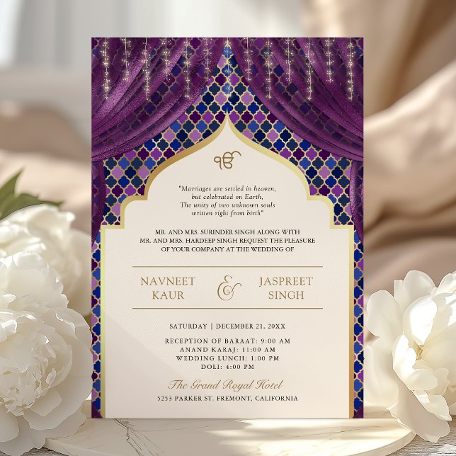 Invitation Code QR Quatrefoil Or Violet Mariage Sikh (Créateur téléchargé)