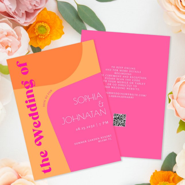 Invitation Code QR rétro rose orange gras tout en un mariage (Créateur téléchargé)