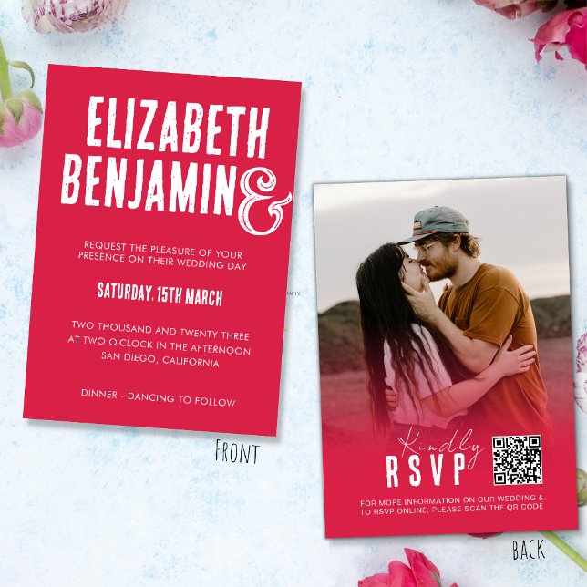 Invitation Code QR Rétro RSVP Photo Mariage Magenta (Créateur téléchargé)