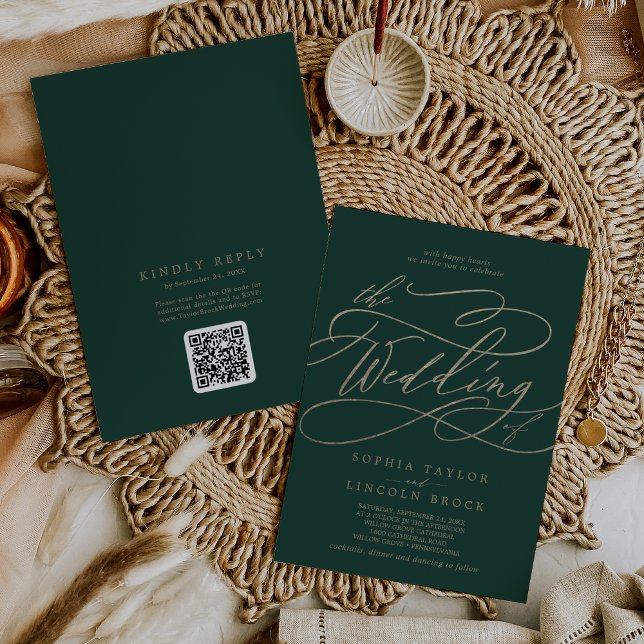 Invitation Code QR romantique vert et or tout en un Mariage (Créateur téléchargé)