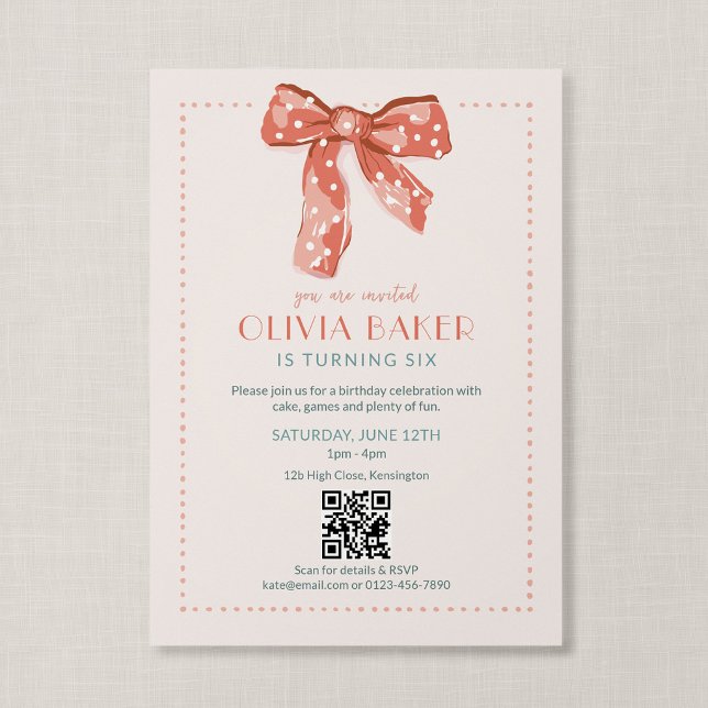 Invitation Code QR Rose Coquette Nœud Fille Anniversaire (Heirloom Bow - Coquette themed QR code birthday invitation)