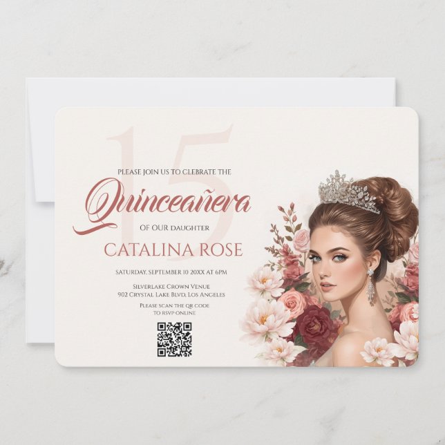 Invitation Code QR Rose Fardée Élégant pour Quinceañera (Devant)