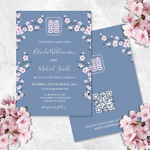 Invitation Code QR Rose Poussiéreux Bleu Fleur Mariage Chin
