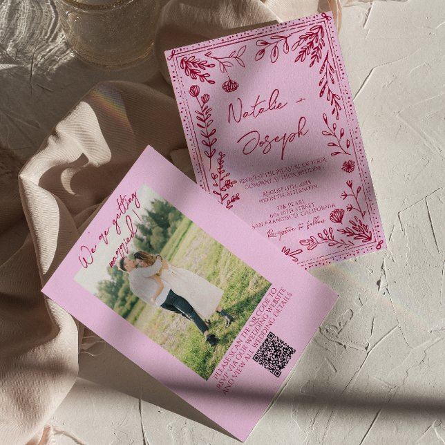 Invitation Code QR Rose Raspberry Dessiné Floral Photo Mariag (Créateur téléchargé)