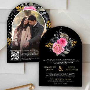 Invitation Code QR Roses Florales Fuchsia Photo Mariage Noir
