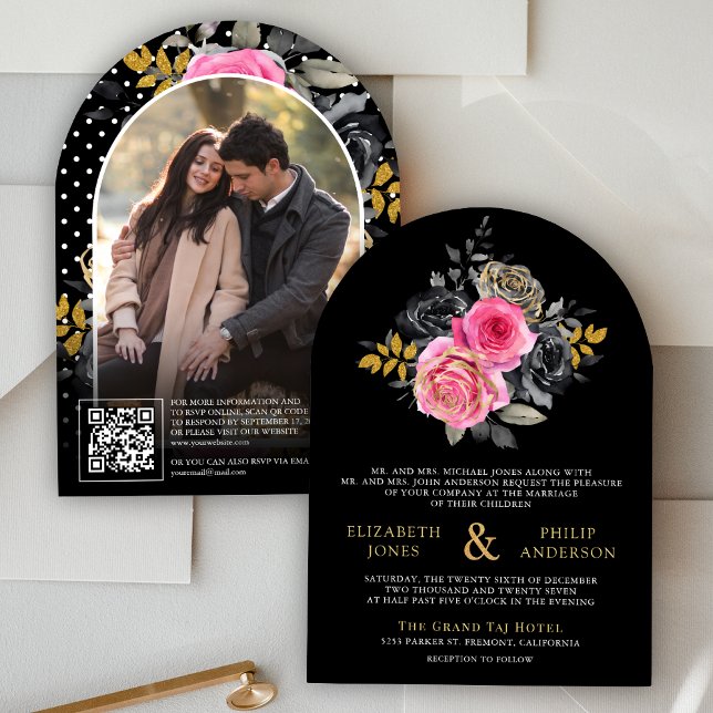 Invitation Code QR Roses Florales Fuchsia Photo Mariage Noir (Créateur téléchargé)