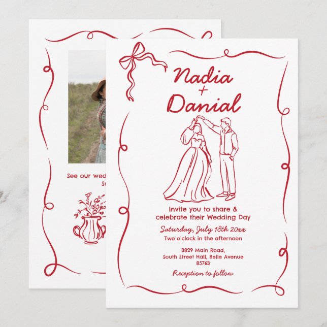 Invitation Code QR rouge blanc tiré à la main du mariage (Devant / Derrière)