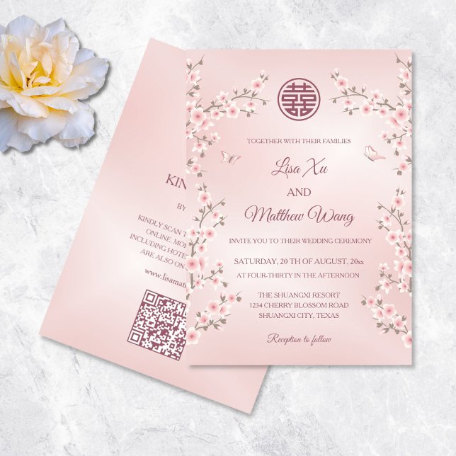 Invitation Code QR Rouge Foncé Rose Floral Mariage Chinois (Créateur téléchargé)