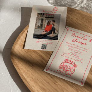 Invitation Code QR rouge rétro main dessinée Mariage photo éc