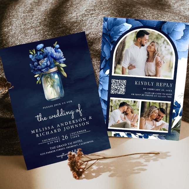 Invitation Code QR Royal Blue Floral Mason Jar Mariage Navy (Créateur téléchargé)