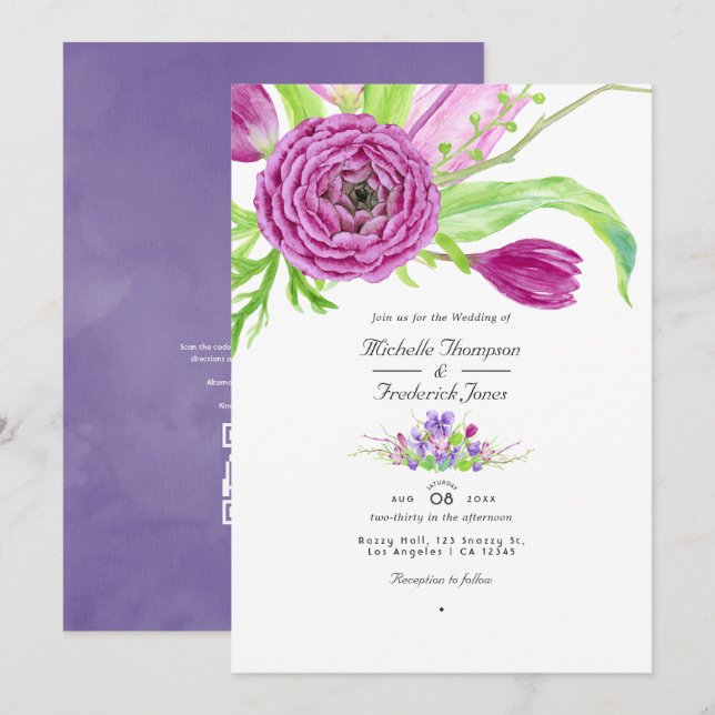 Invitation Code QR RSVP aquarelle florale Mariage de printemp (Devant / Derrière)