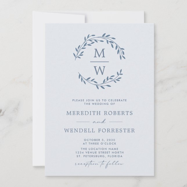 Invitation Code QR RSVP Dusty Blue Monogram Mariage Wreath In (Devant)