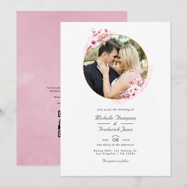 Invitation Code QR RSVP Fleur de Cerisier Rose Mariage de Pri (Devant / Derrière)