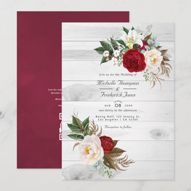 Invitation Code QR RSVP Floral Bourgogne Bohème Mariage (Devant / Derrière)