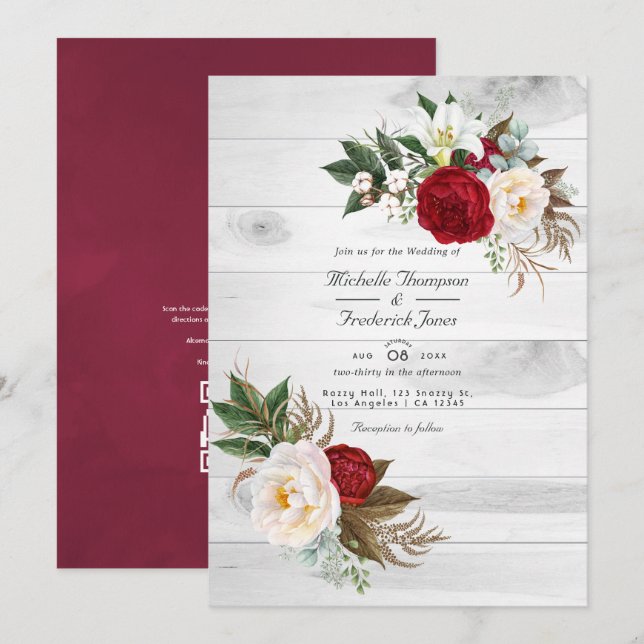 Invitation Code QR RSVP Floral Bourgogne Bohème Mariage (Devant / Derrière)