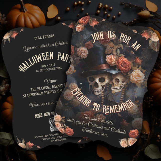 Invitation Code QR RSVP Gothic Kissing Skeletons Halloween en (Créateur téléchargé)