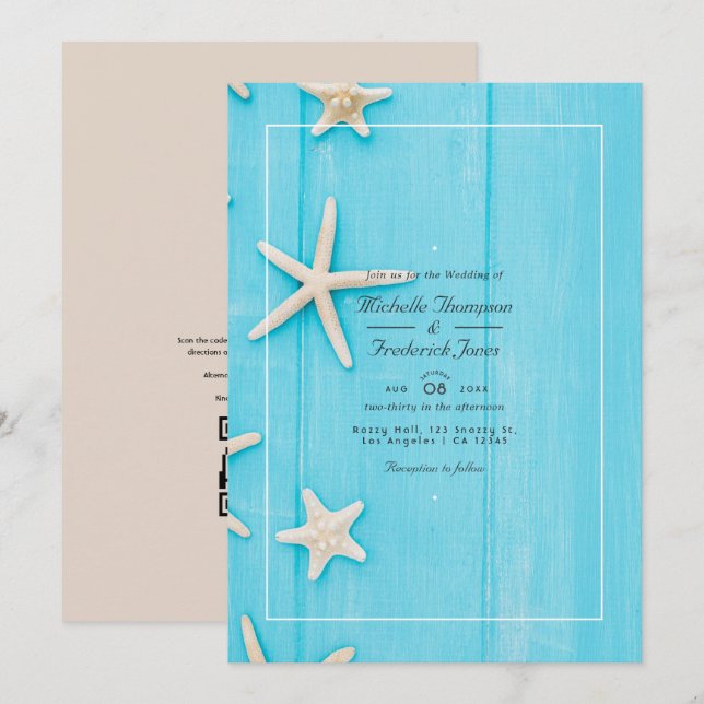 Invitation Code QR RSVP Mariage de plage Été Aquarelle (Devant / Derrière)