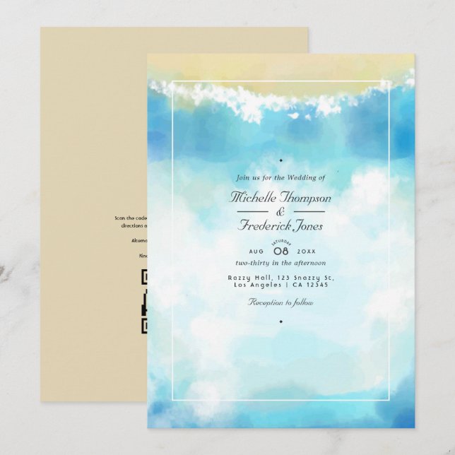 Invitation Code QR RSVP mariage de plage Été Aquarelle (Devant / Derrière)