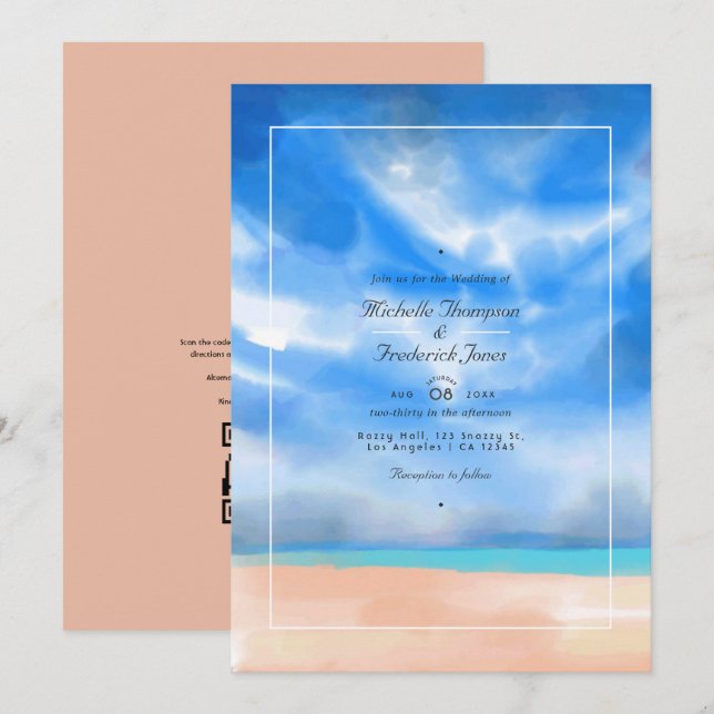 Invitation Code QR RSVP mariage de plage Été Aquarelle (Devant / Derrière)