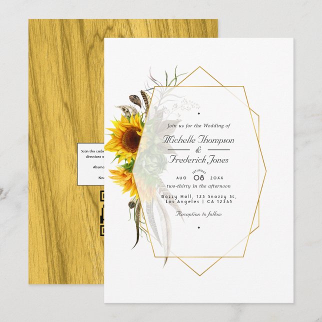 Invitation Code QR RSVP Tournesols Rustiques Mariage Bohème (Devant / Derrière)