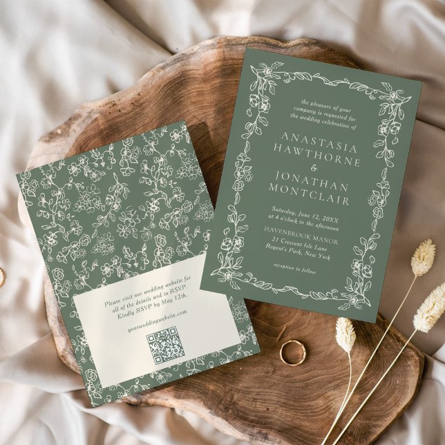 Invitation Code QR RSVP Vert Sauge Élégant Mariage Victorien (Créateur téléchargé)