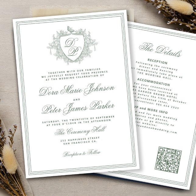 Invitation Code QR sage vert blason monogramme mariage (Créateur téléchargé)