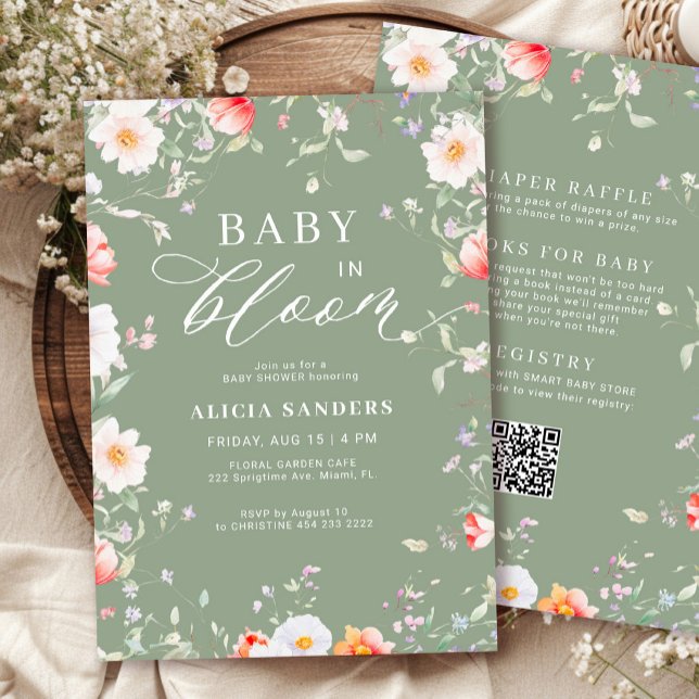 Invitation Code QR sage vert sauvage en fleurs pour baby show (Créateur téléchargé)