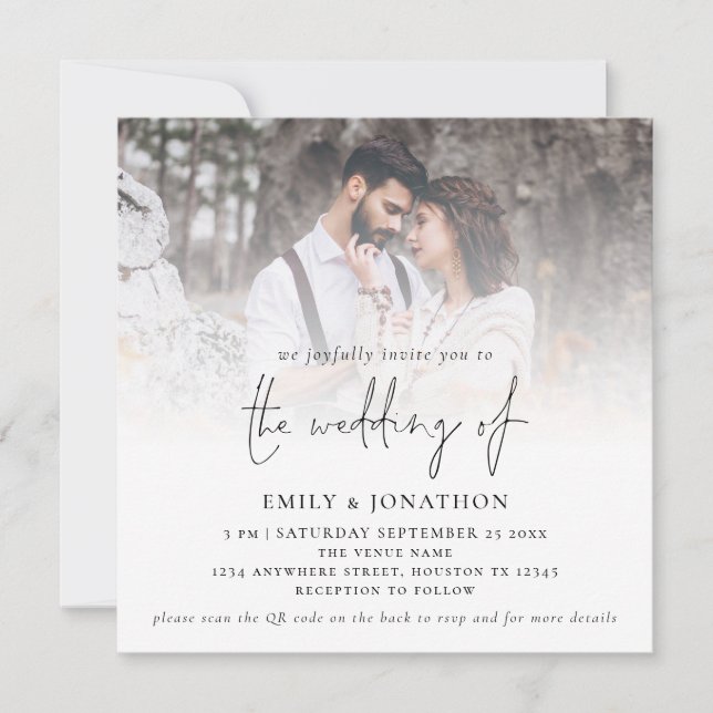 Invitation Code QR Script Moderne Photo Carré Mariage (Devant)