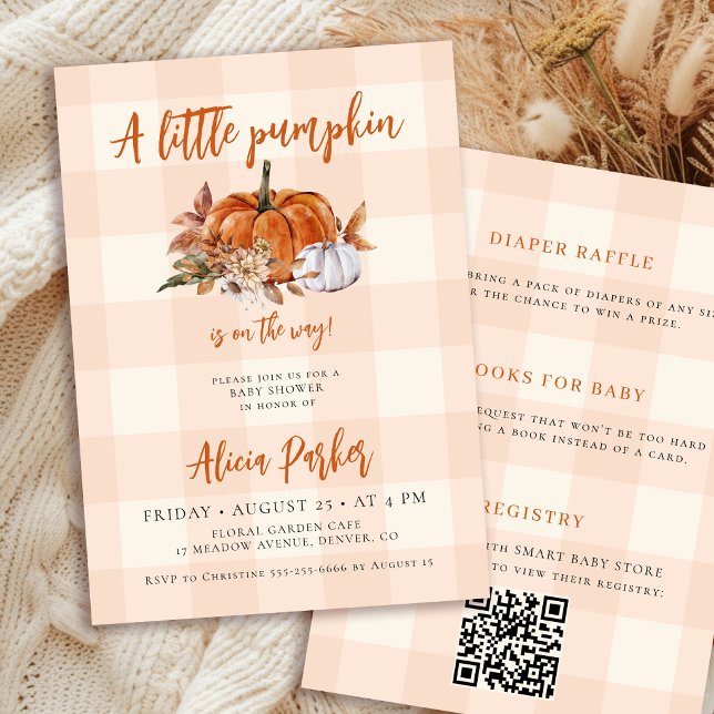 Invitation Code QR shower de bébé automne gingham citrouille (Créateur téléchargé)